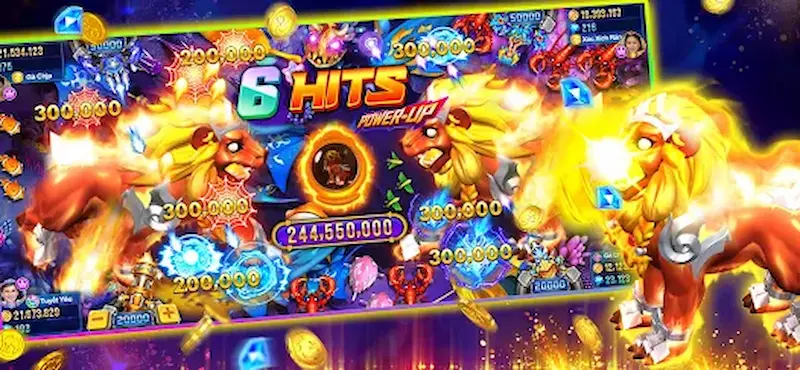 Hiệu ứng nổ khi hạ boss trong bắn cá siêu nổ, màn hình sáng rực với mưa xu thưởng